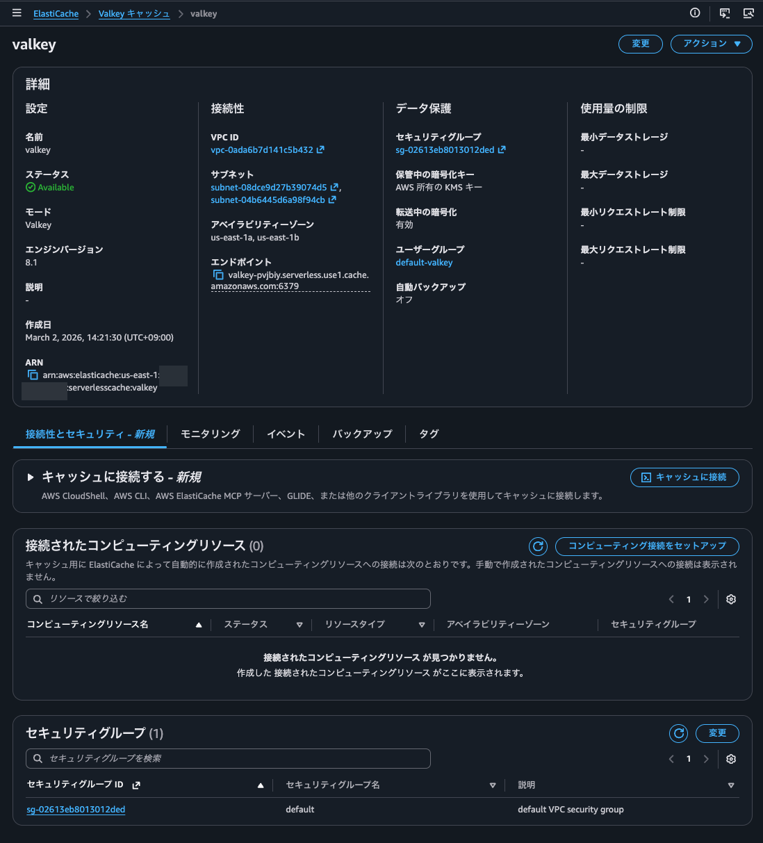 8.ElastiCache Serverlessの作成完了.png