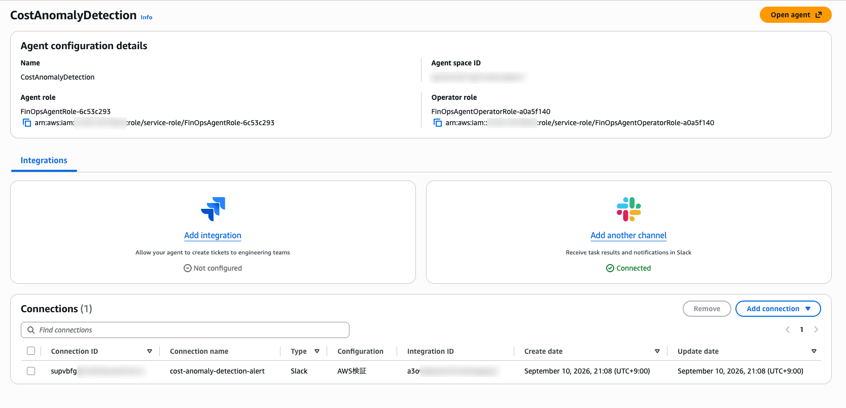 FinOps Agent のエージェント設定画面。Slack 連携が Connected になっている