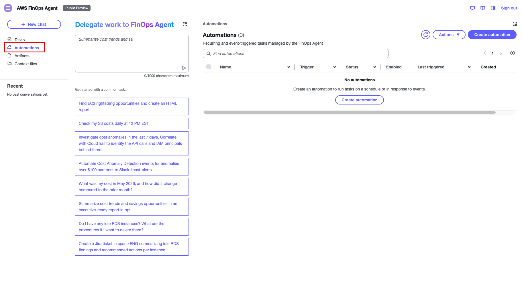 FinOps Agent の画面左メニューにある Automations