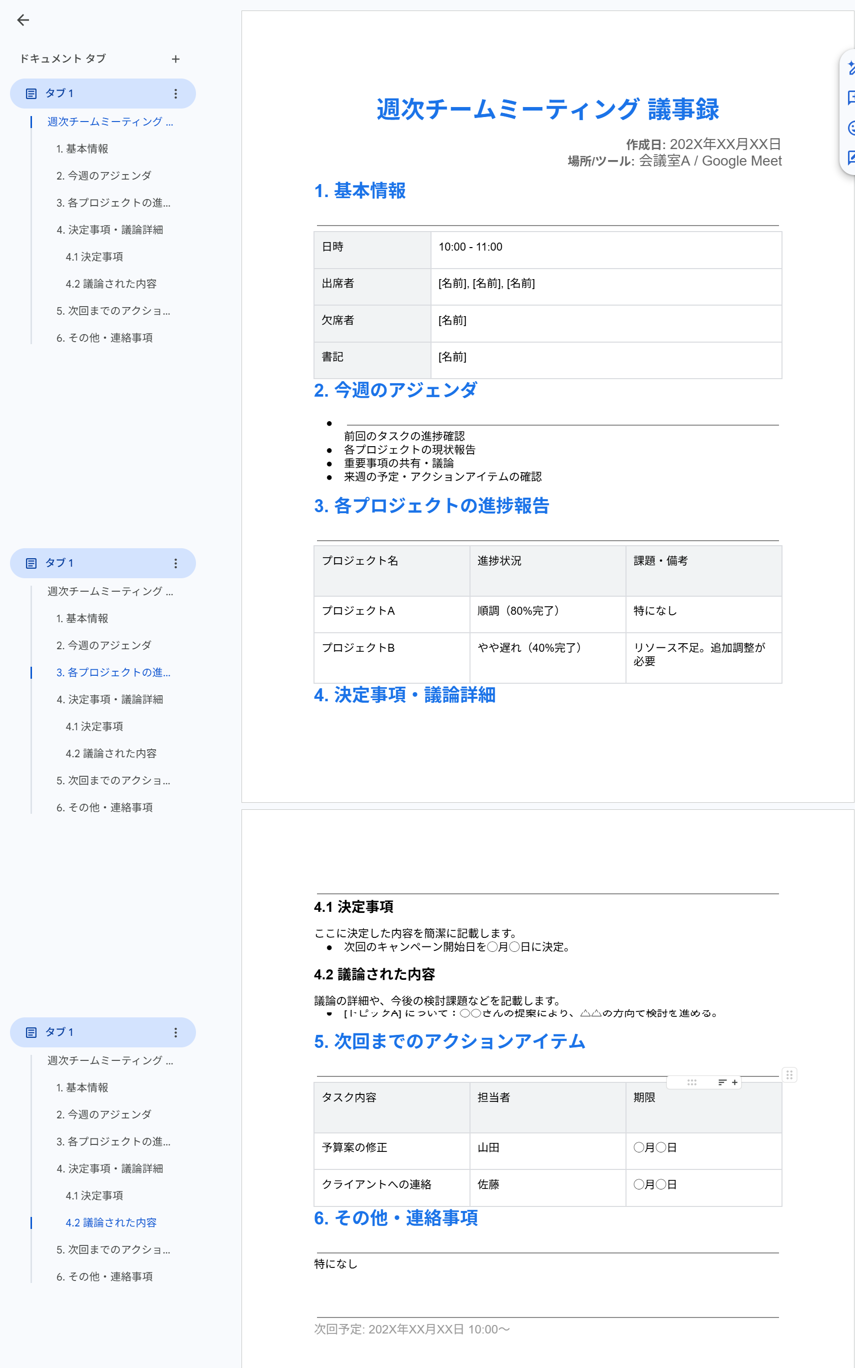 生成された議事録テンプレートの内容