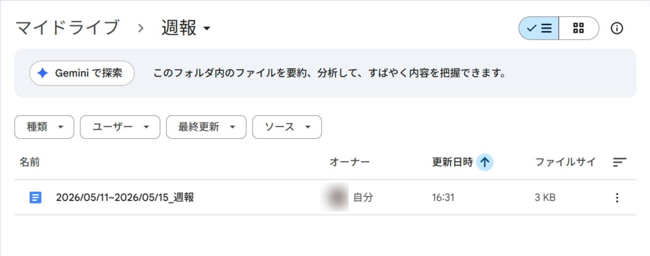 Google Drive「週報」フォルダ。「2026/05/11~2026/05/15_週報」という名前のGoogleドキュメントが16:31に3KBで保存されている