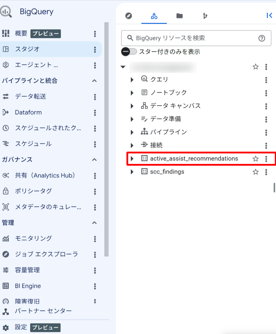 BigQuery コンソール。active_assist_recommendations データセットが作成されている