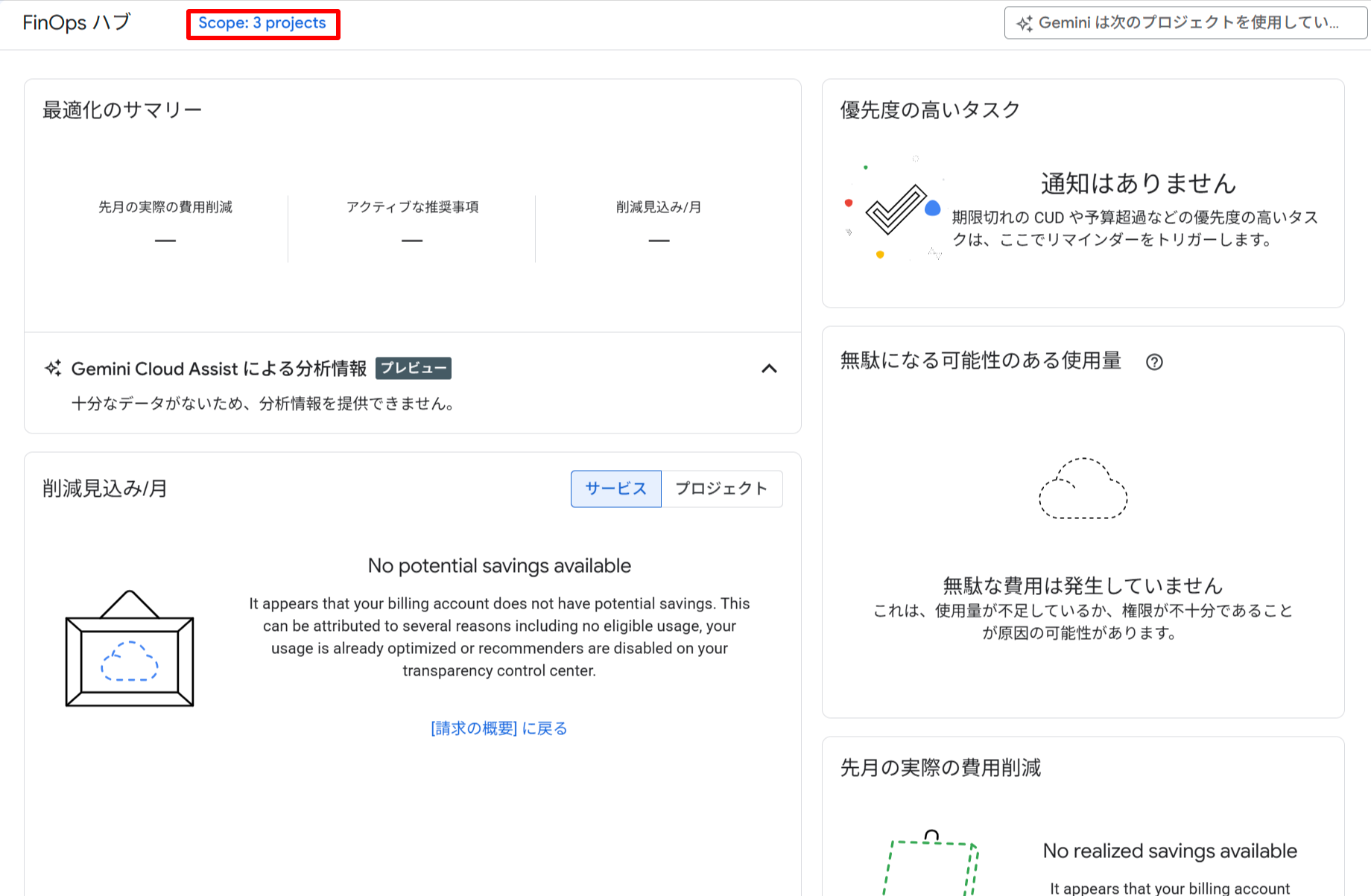 FinOps hubが「Scope: 3 projects」スコープで表示されている画面