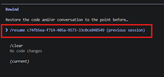  /rewind メニューの画面。/clear 前のセッションを示す「/resume ... (previous session)」エントリが一覧の先頭に赤枠でハイライトされている