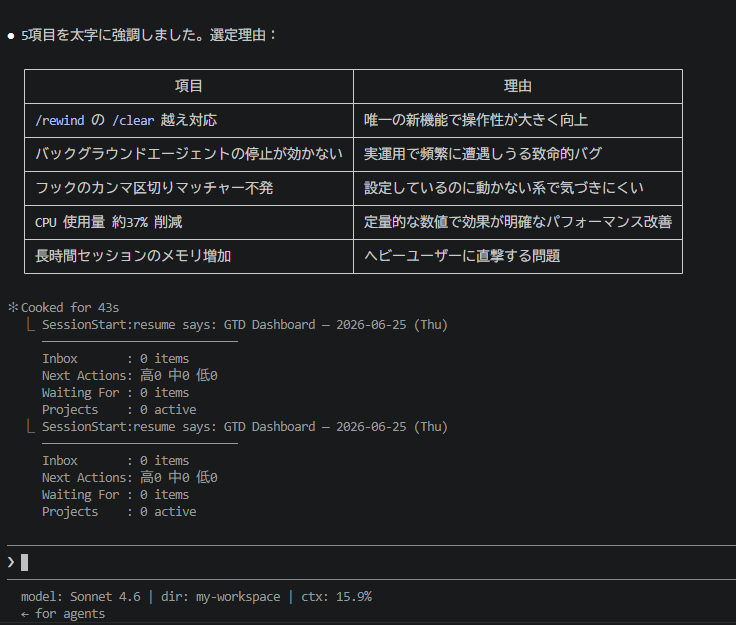 /clear 前のセッションで Claude がリリースノートを分析し、重要な更新をテーブルにまとめた様子
