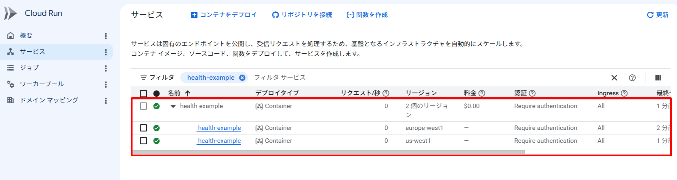 Cloud Run コンソール。health-example サービスが us-west1 と europe-west1 の 2 リージョンにデプロイされている