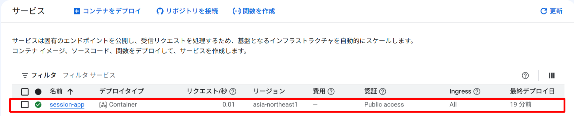 Cloud Run コンソールに表示された session-app サービス(asia-northeast1、Public access)