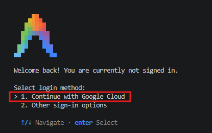 Antigravity CLI のログイン方法選択画面
