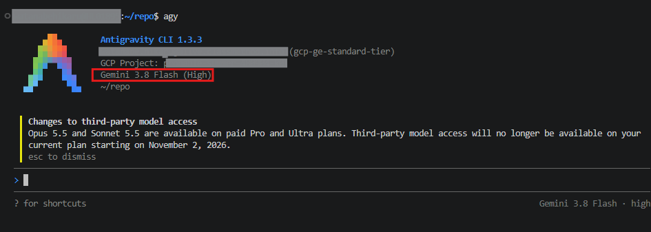 Antigravity CLI の起動直後の画面