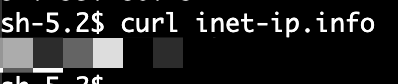 切り替え後に curl inet-ip.info で外部から見える送信元 IPv4 アドレスを確認する