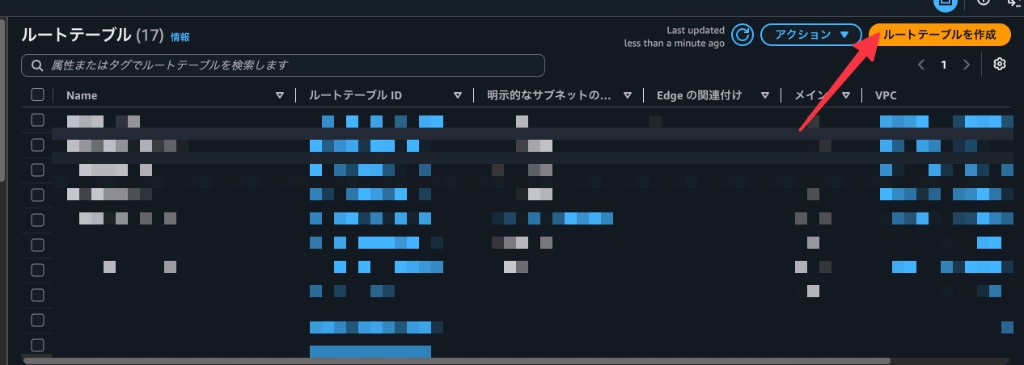 ルートテーブル一覧で「ルートテーブルを作成」を選択する