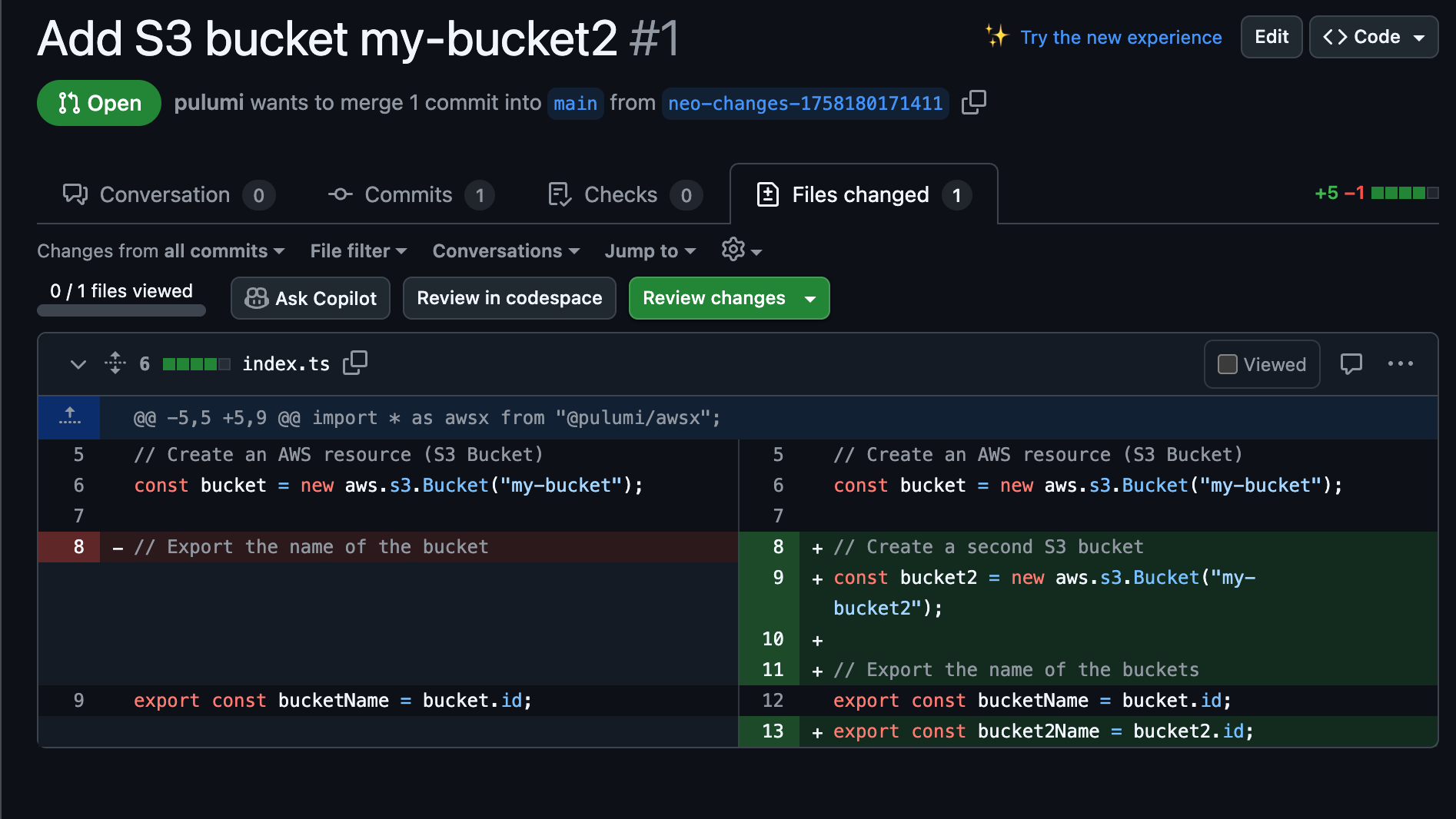 Add_S3_bucket_my-bucket2_by_pulumi_bot__·_Pull_Request__1_·_msato0731_pulumi-neo-test.png