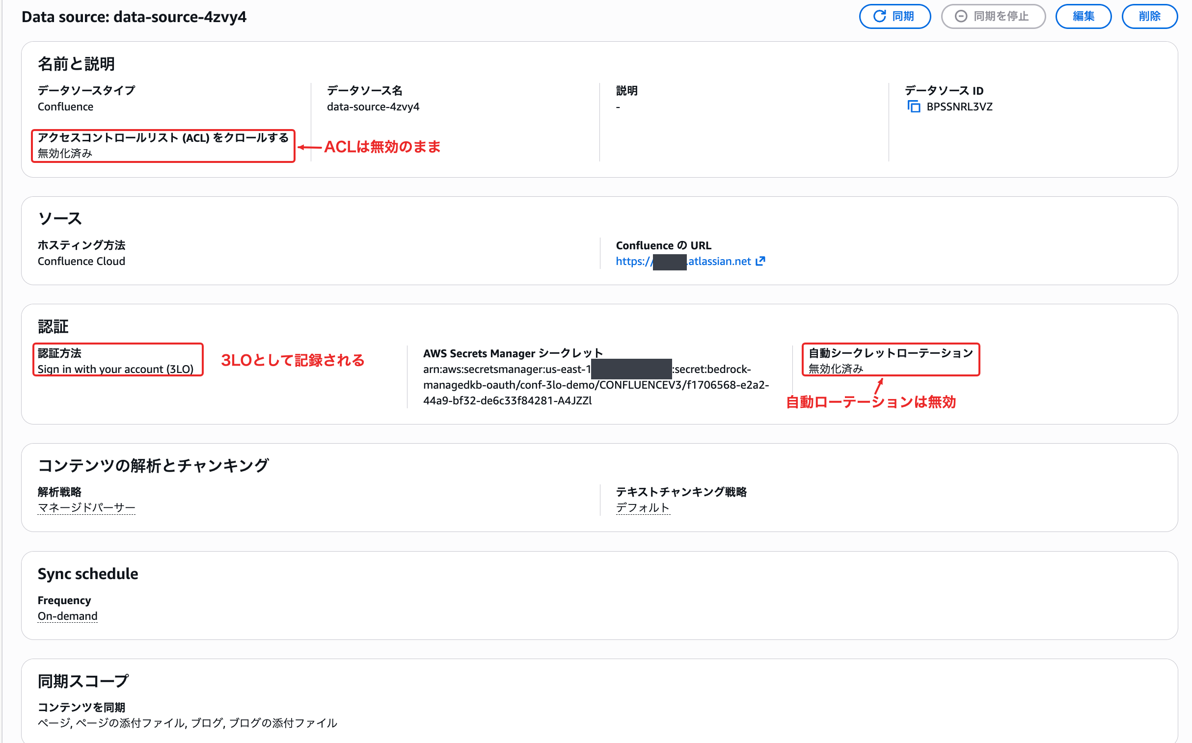 作成後のデータソース詳細画面。認証方法とACL、シークレットの自動ローテーションの状態が確認できる
