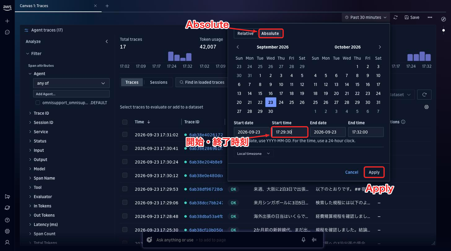右上の期間からAbsoluteを選び、見たい時間帯を指定してApply