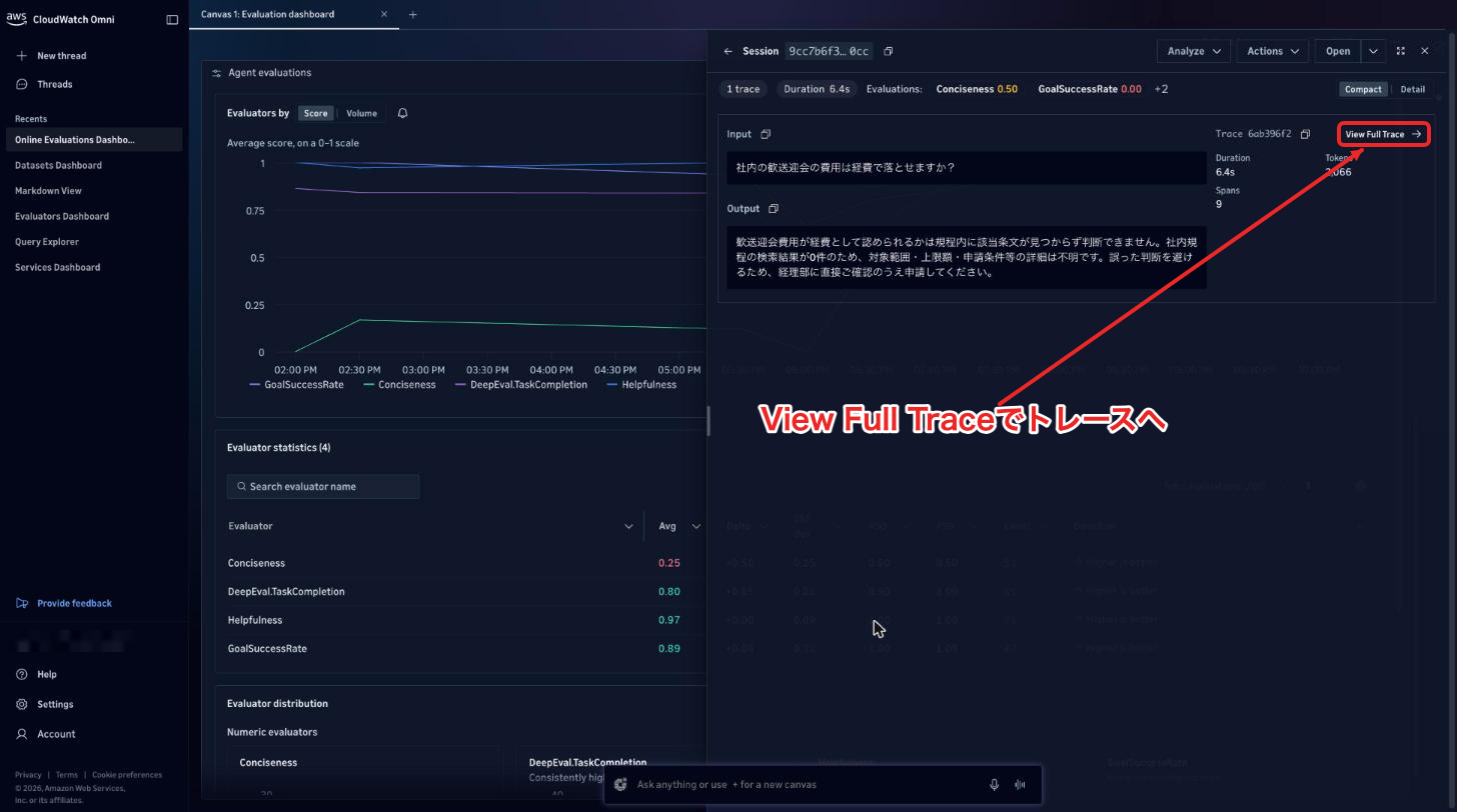 セッションの入出力と評価を確認し、View Full Traceでトレースへ進む