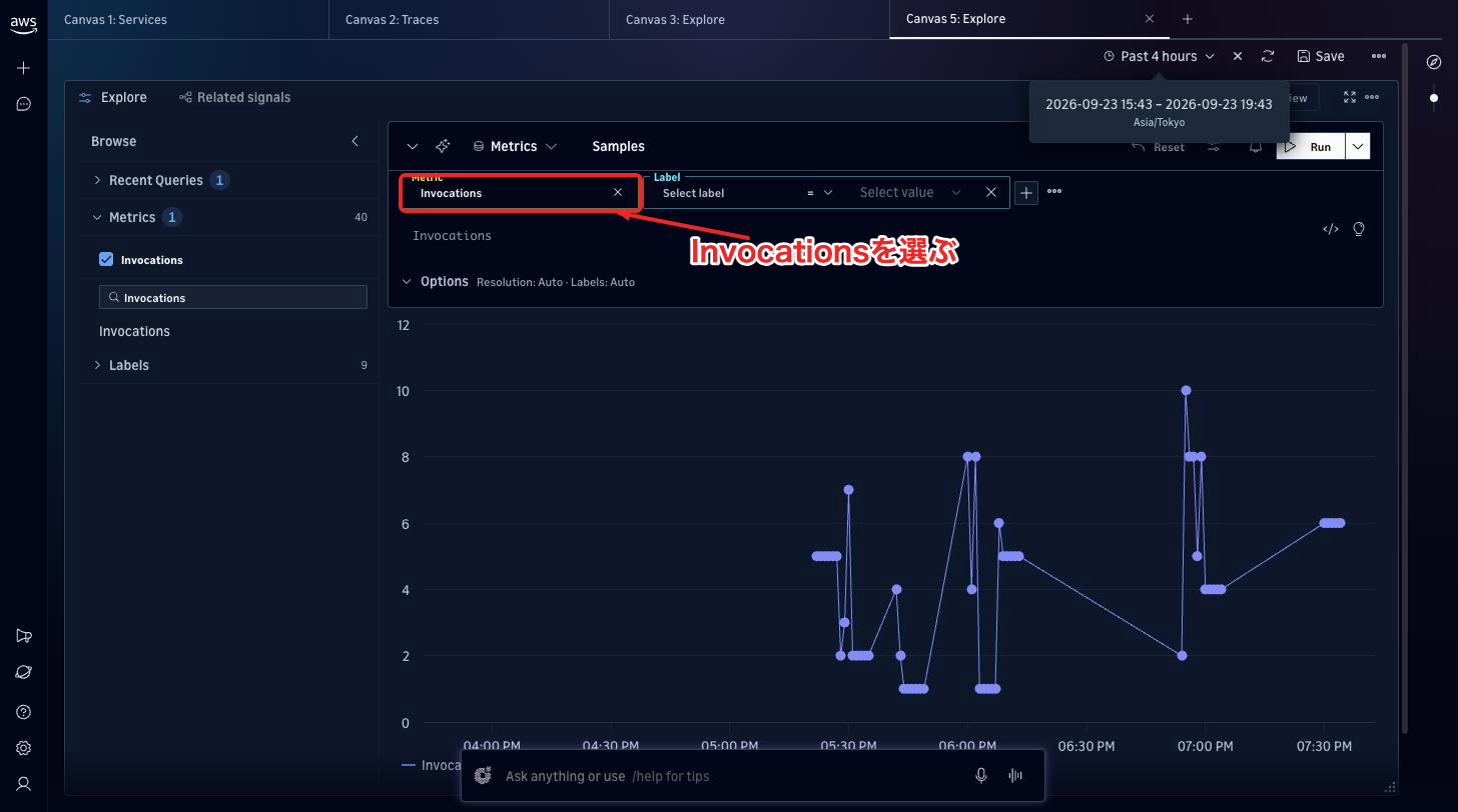 Explore metricsでInvocationsを選ぶとグラフが出る