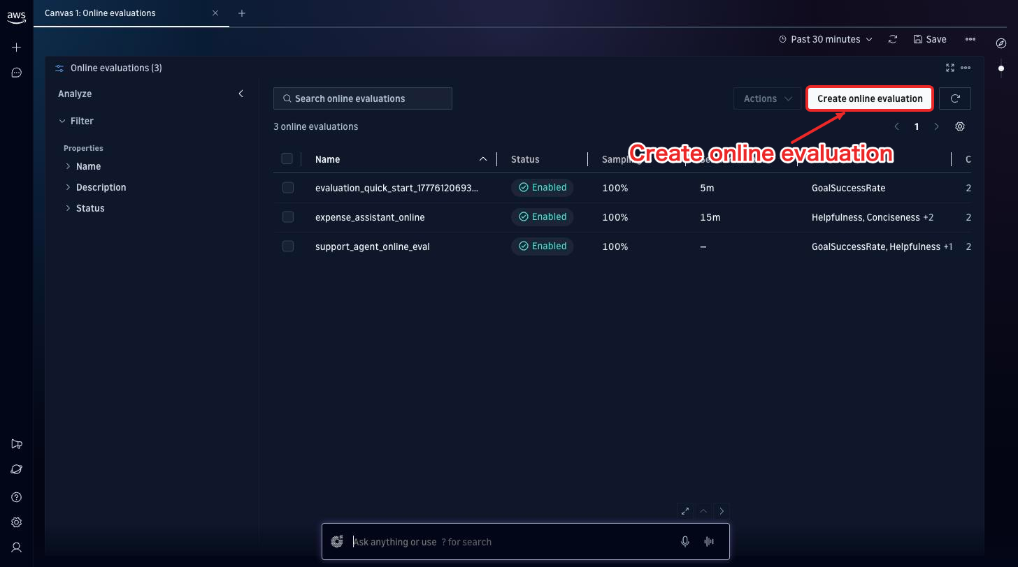 ホームのOnline evaluationsから一覧を開き、Create online evaluation