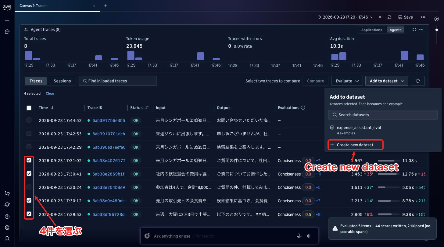 トレースを選んでAdd to datasetからCreate new dataset
