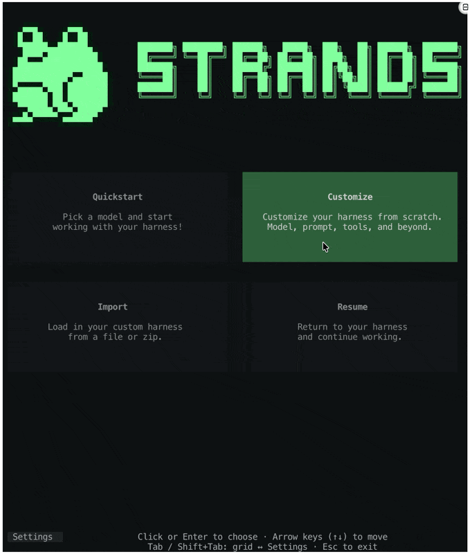 Strands CLIの最初のメニュー。Quickstart・Customize・Import・Resumeが並ぶ