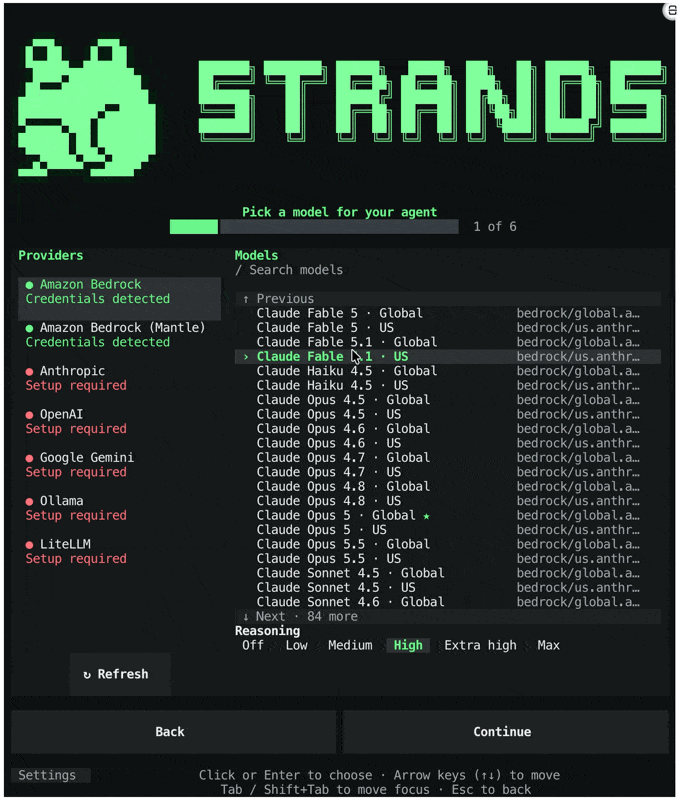 Strands CLIのモデル選択画面。Bedrockで利用できるモデルが一覧で並ぶ