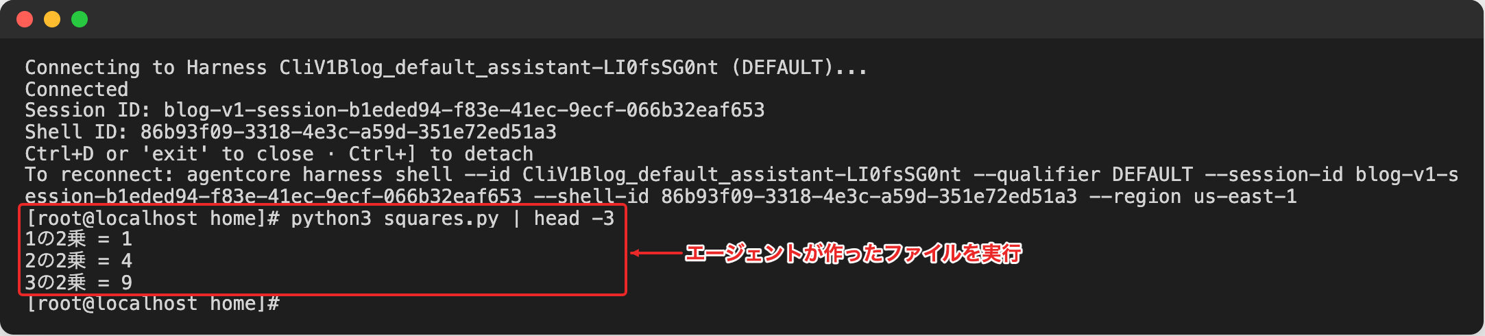 agentcore harness shellでセッションに入り、エージェントが作ったsquares.pyを実行した画面
