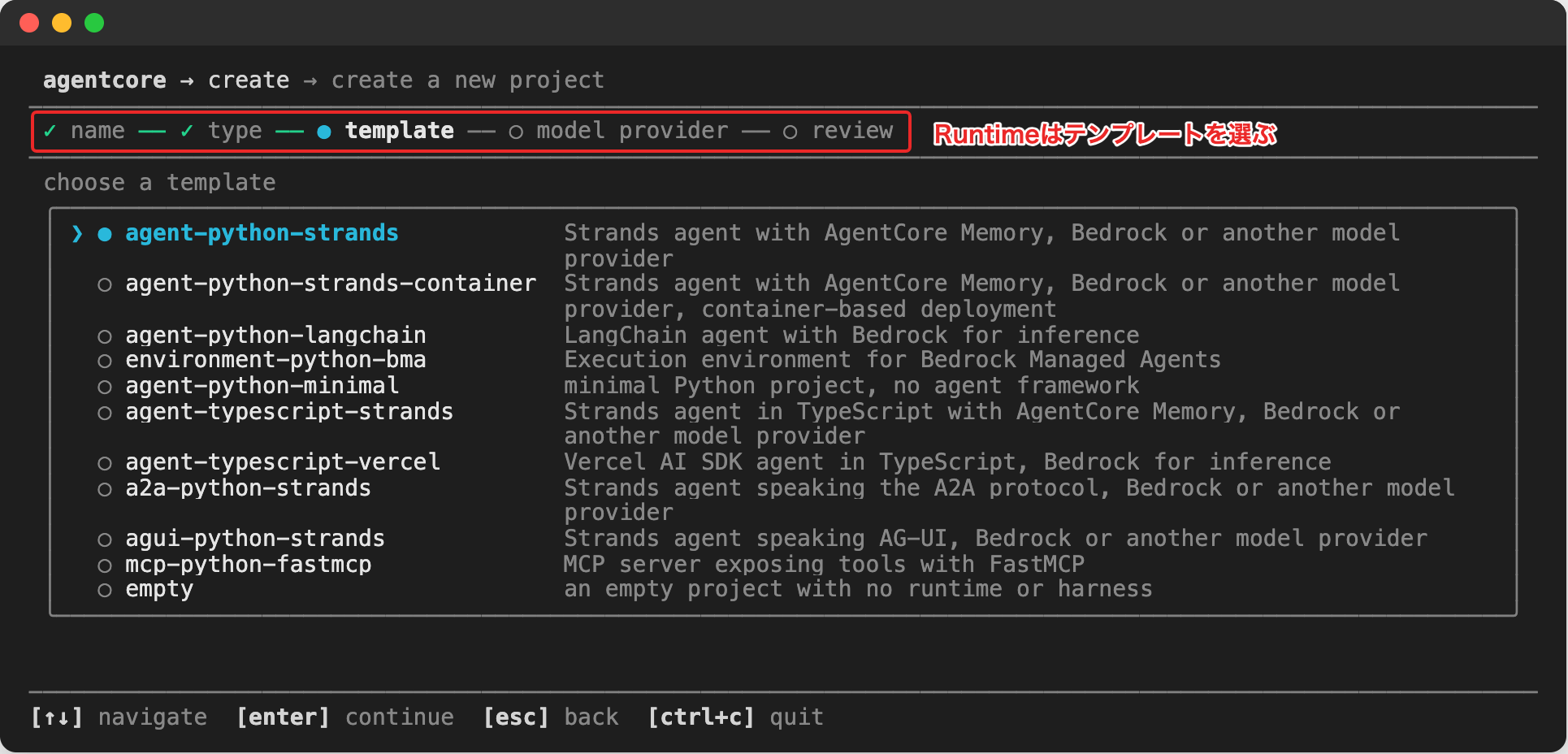 code-basedを選ぶと、Runtimeのテンプレートを一覧から選べる