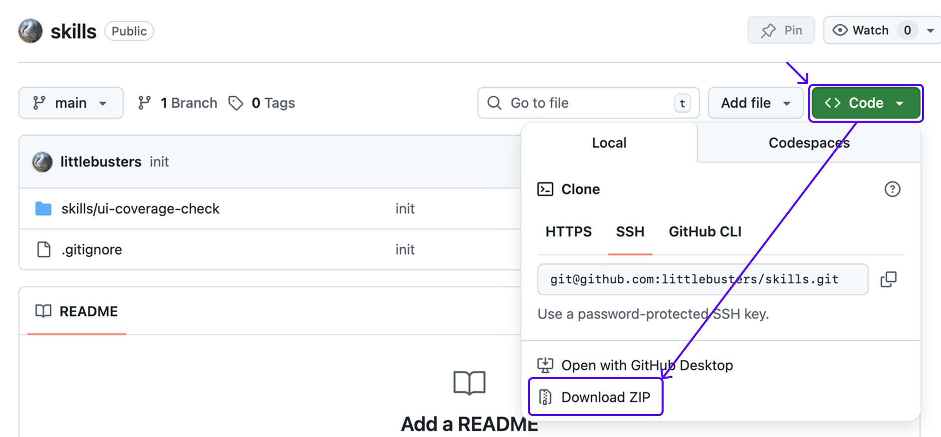 Codeボタンをクリックして、Download ZIPでダウンロード