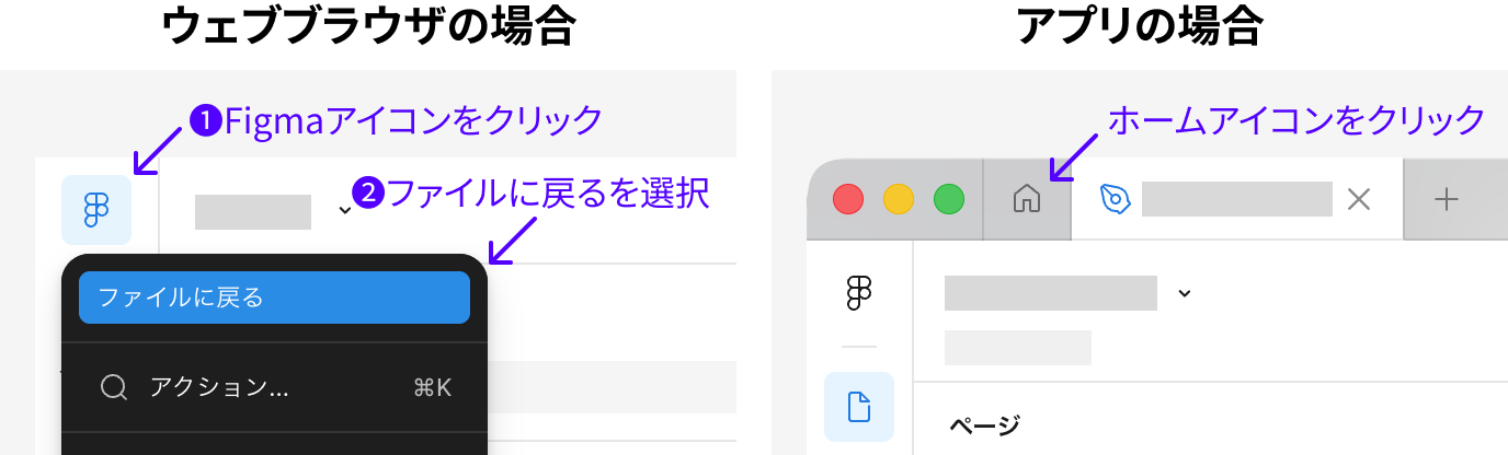 ウェブブラウザとアプリでファイルブラウザに戻る操作の比較図