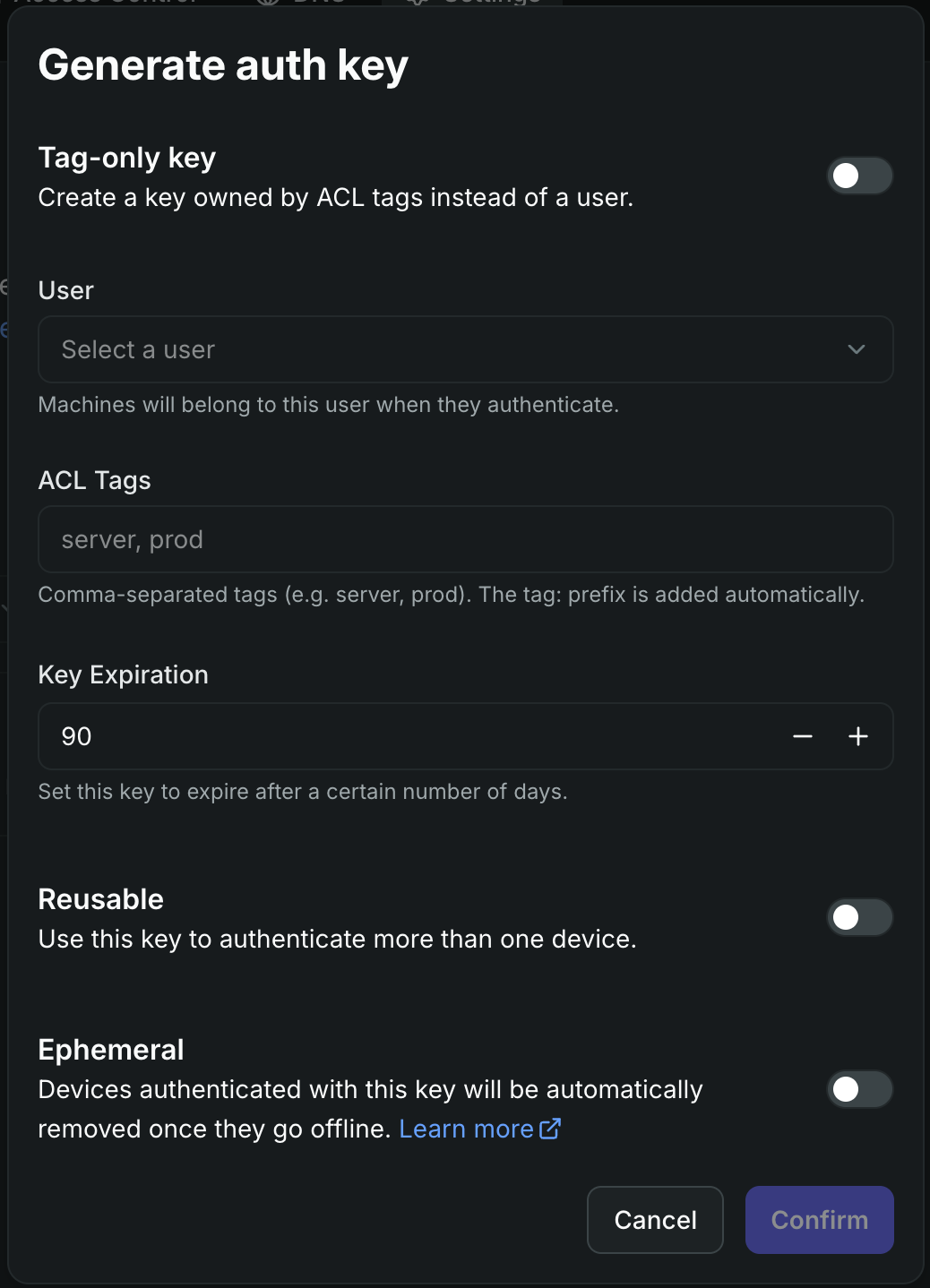 事前認証キーの発行ダイアログ（Generate auth key）
