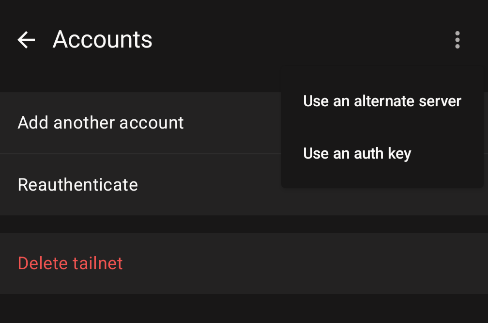 Android アプリの Accounts 画面から Use an alternate server を選ぶ
