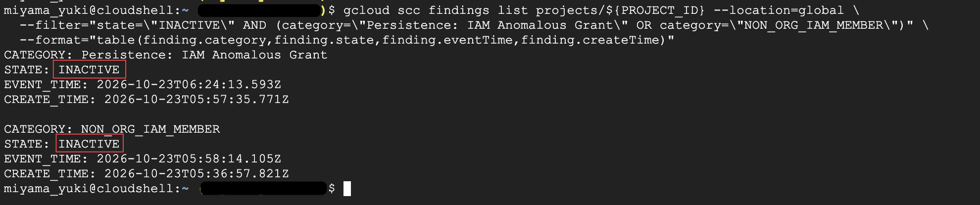 state="INACTIVE" で絞り込み、「 Event Threat Detection 」と 「 Security Health Analytics 」 の検出結果が表示されている実行結果