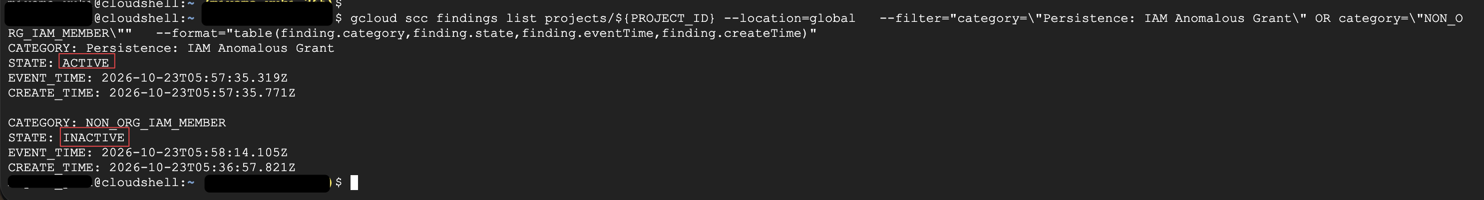 権限を外したあと、「 Security Health Analytics 」 の検出結果が INACTIVE、「 Event Threat Detection 」の検出結果が ACTIVE になっている実行結果