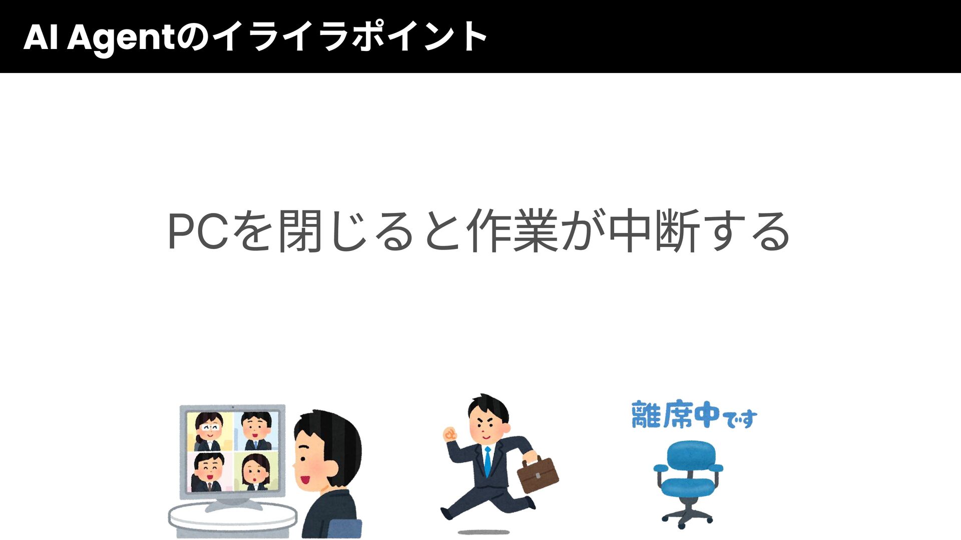 スライドp14: PCを閉じても作業が続く / どこからでも指示ができる