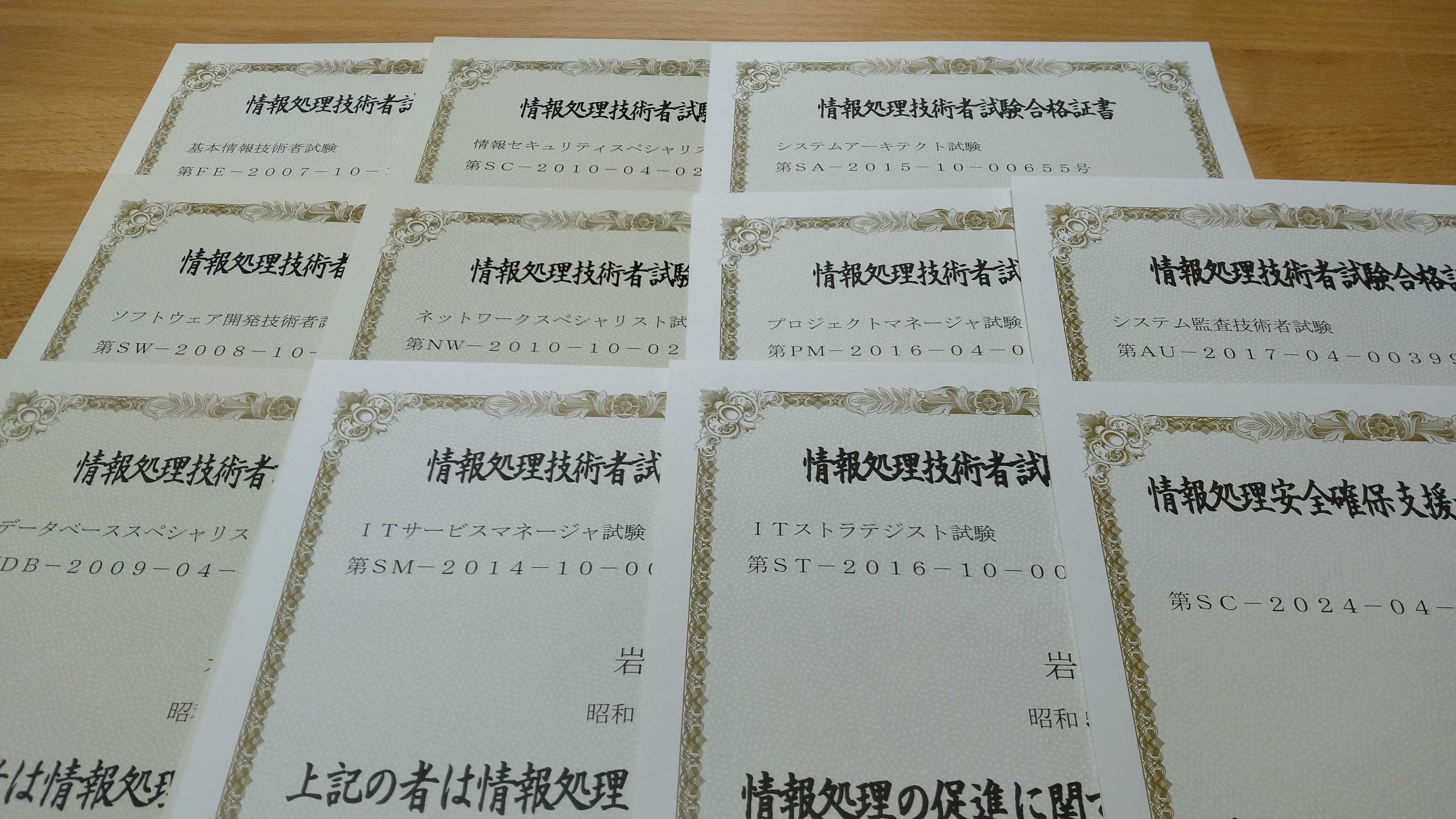 合格証書達(エンベデッドシステムスペシャリスト除く)