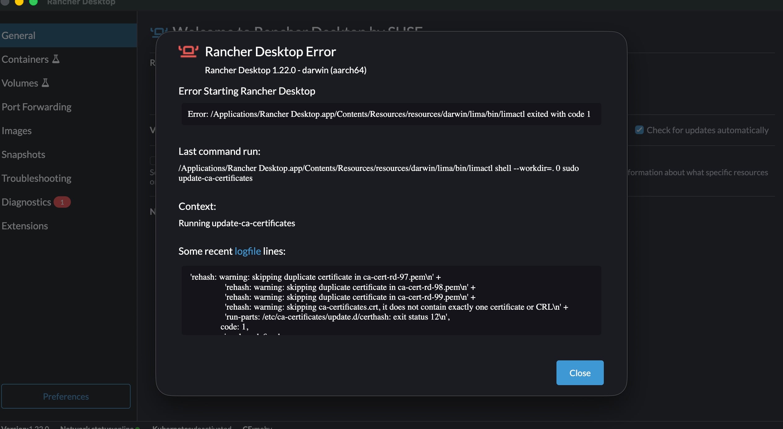 Rancher Desktopのエラー