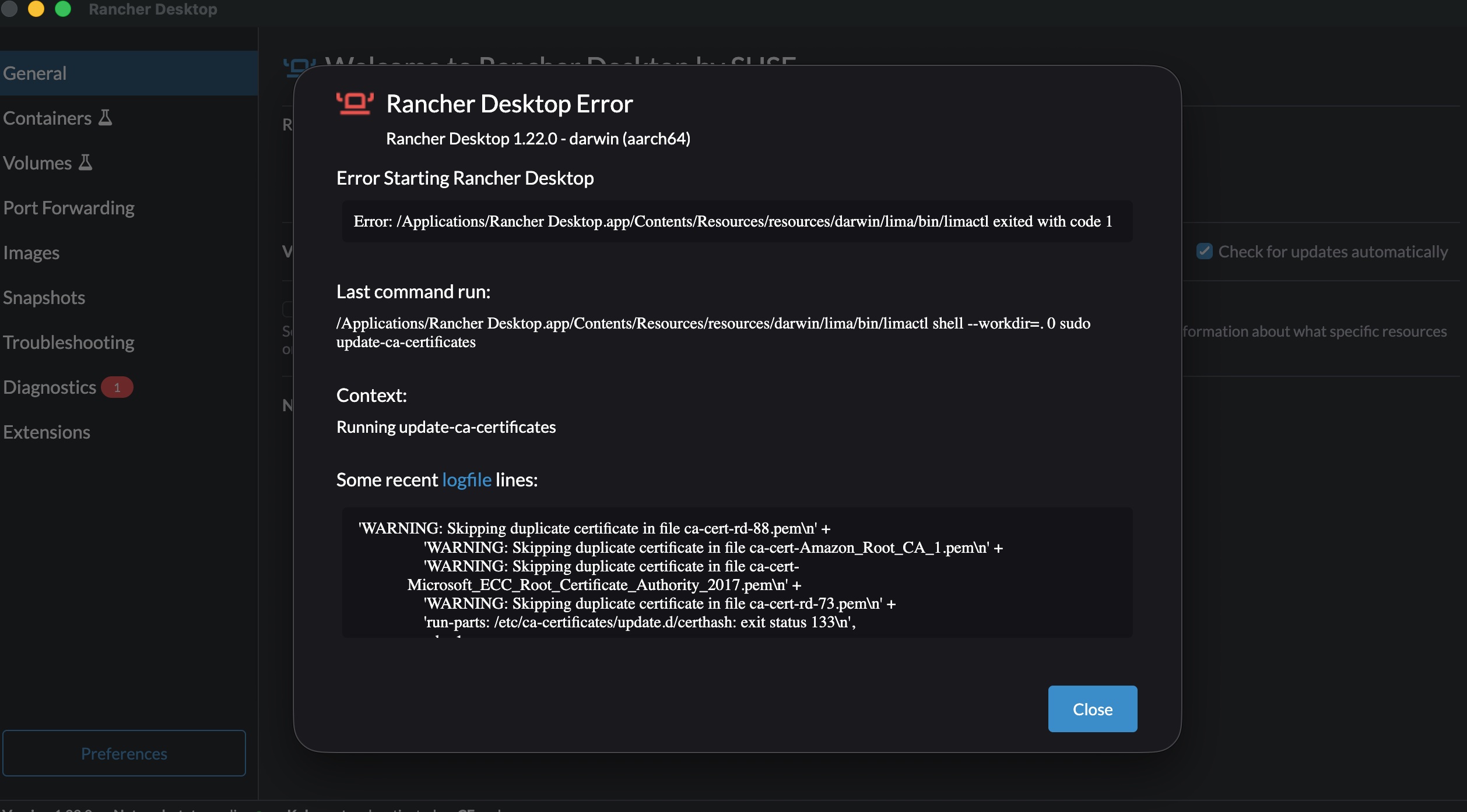 Rancher Desktopのエラーが再現できたところ