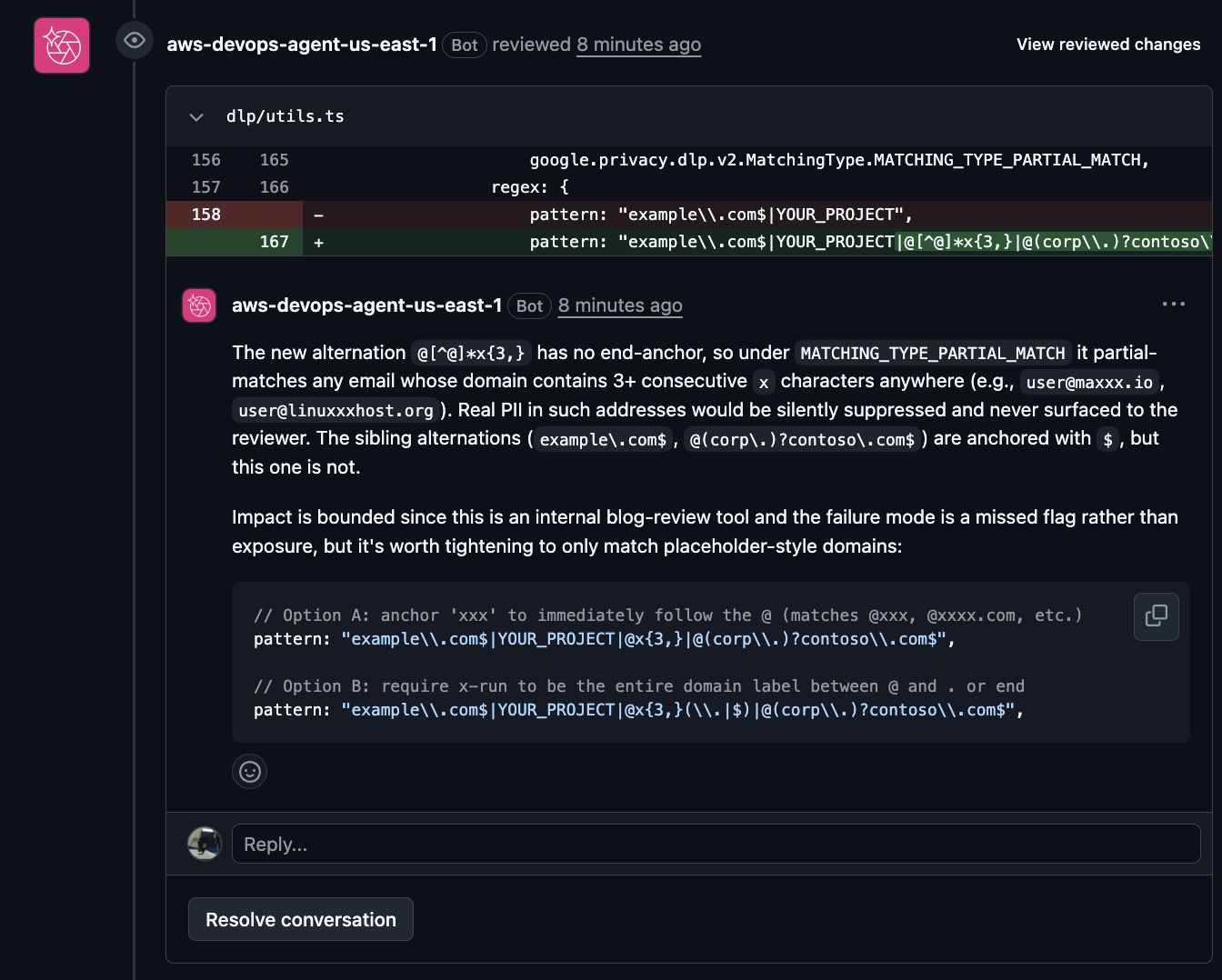 DevOps Agentによるレビューコメント