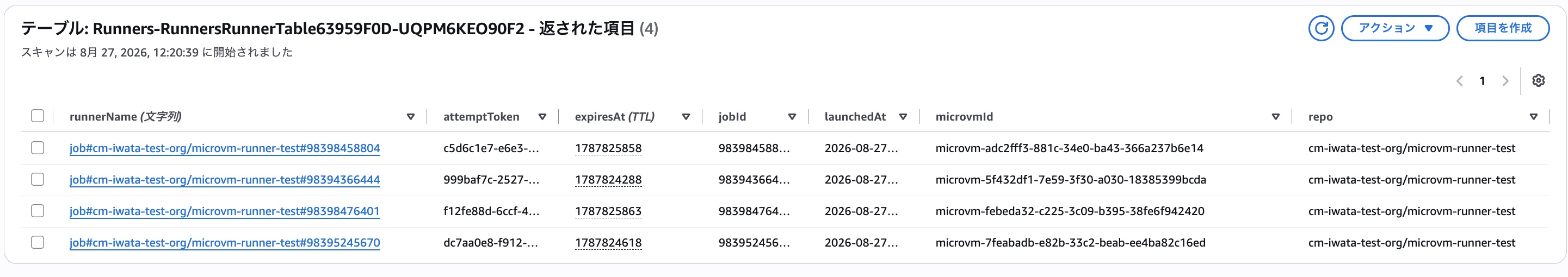 管理用のDynamoDBのテーブルをスキャンした結果