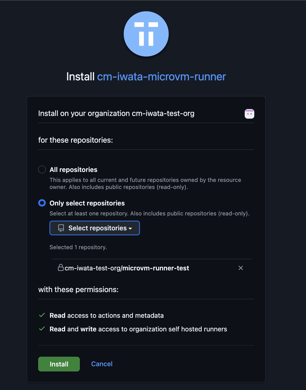 GitHub Appのパーミッション許可画面