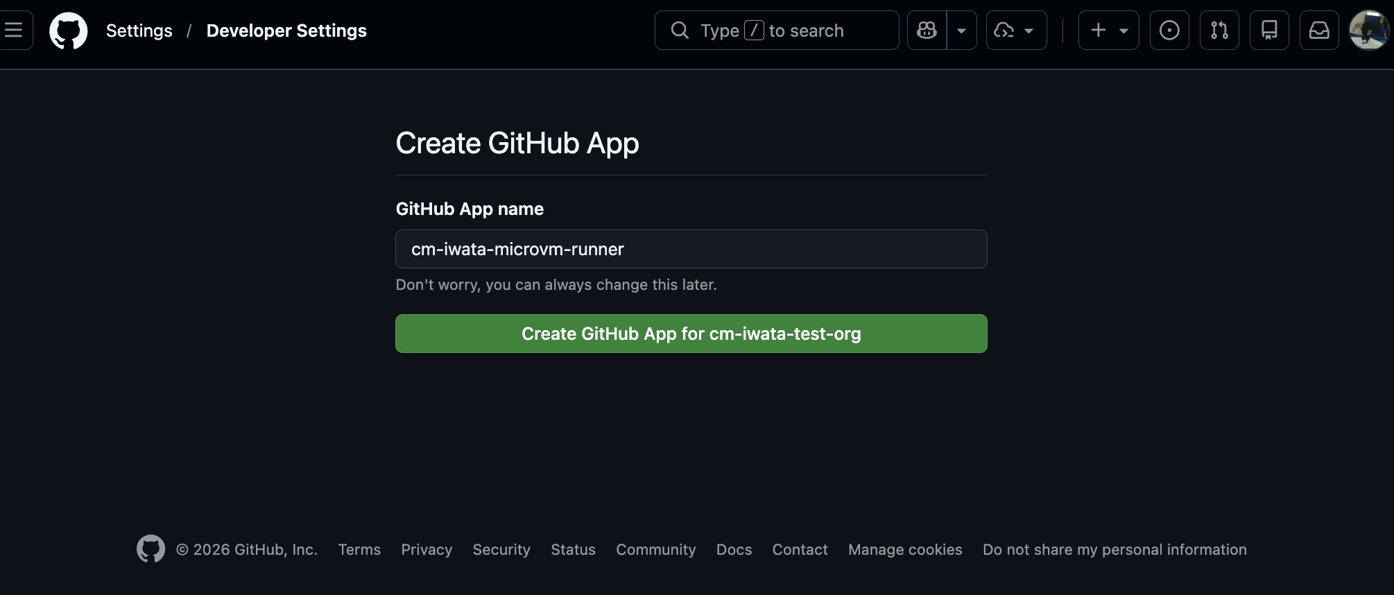 GitHub Appの作成画面