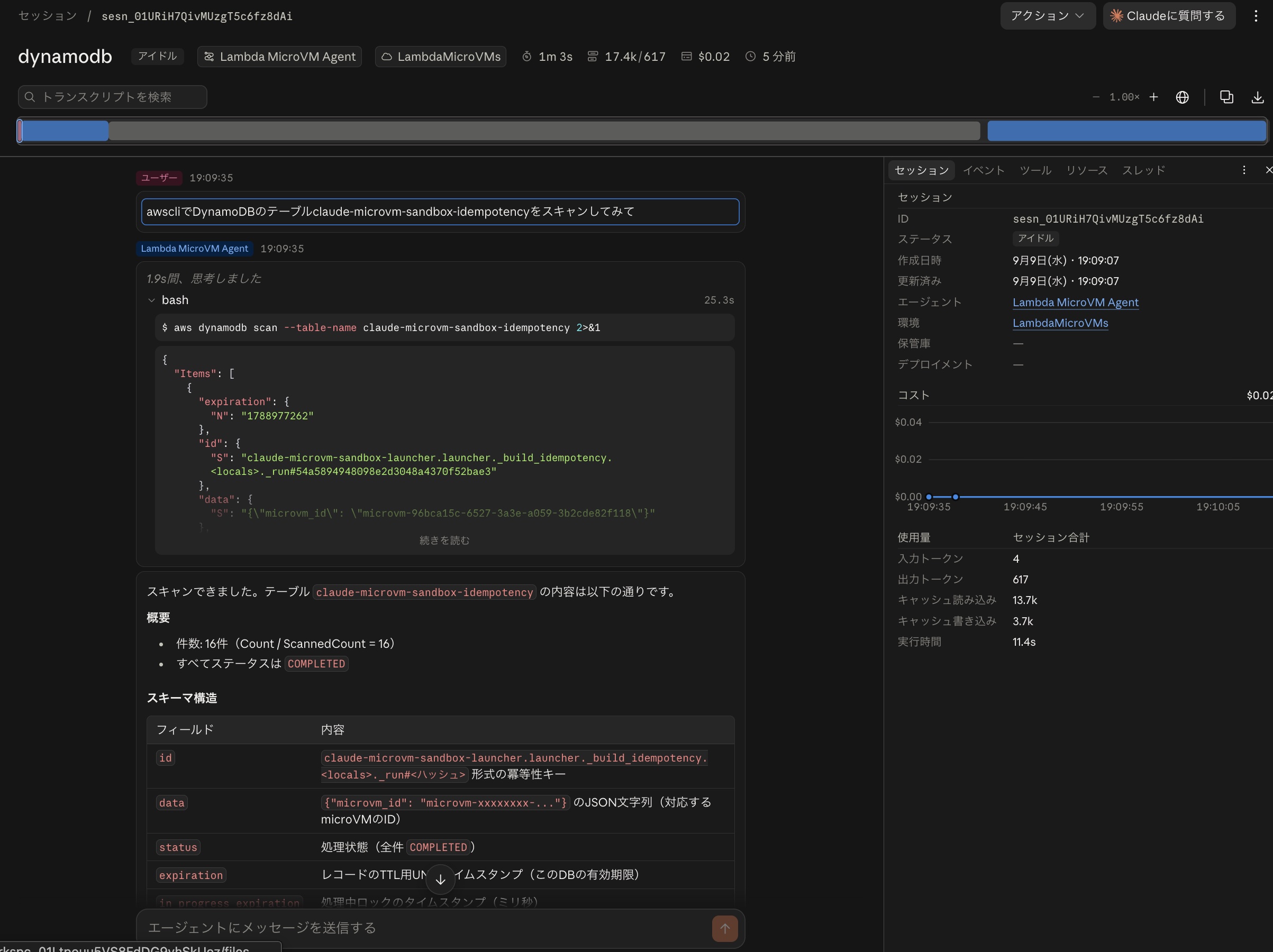 MicroVM上のサンドボックス環境からDynamoDBのテーブルがスキャンできた様子