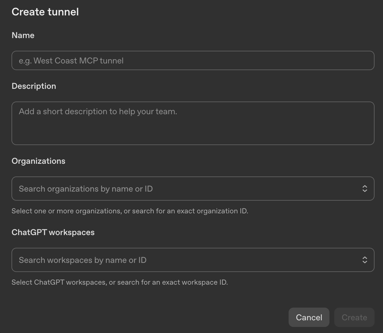 Create tunnel ダイアログの入力画面