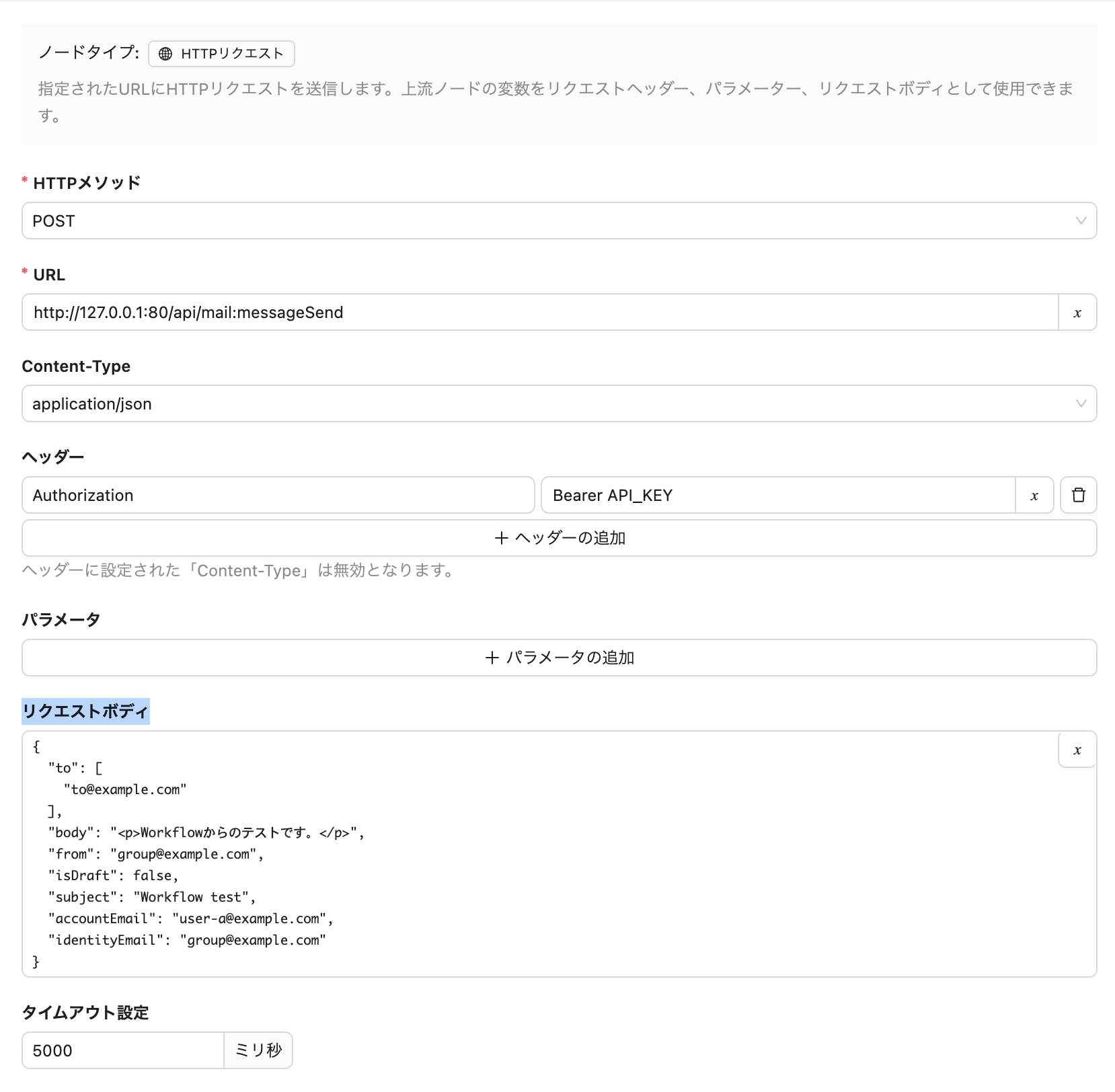 HTTP リクエストノードで mail:messageSend に POST する設定画面。ヘッダーに Authorization、リクエストボディに送信内容の JSON を指定している