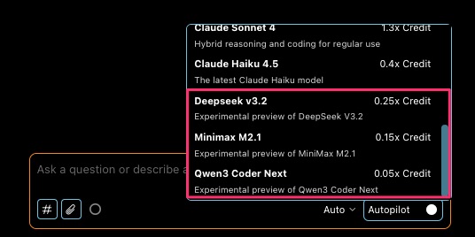 Kiro IDE のモデルセレクターに3つのオープンウェイトモデルが追加されている