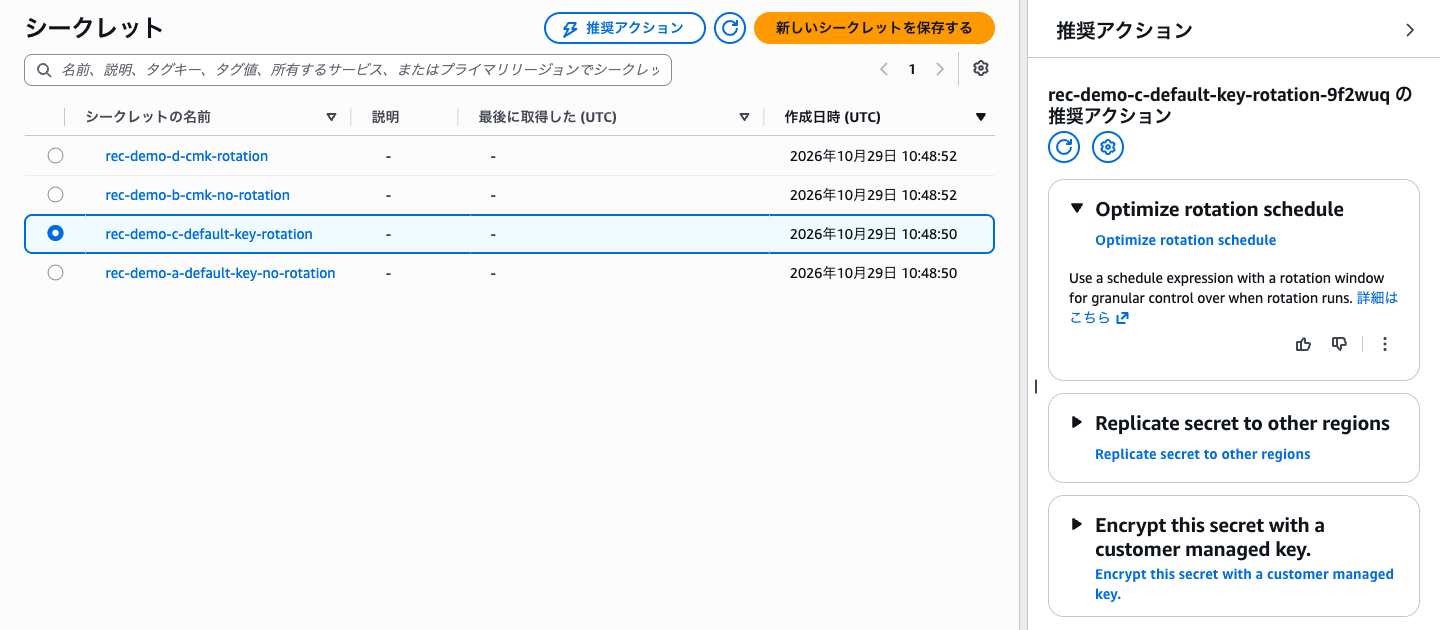 シークレット C を選択すると、Optimize rotation schedule が先頭に表示される