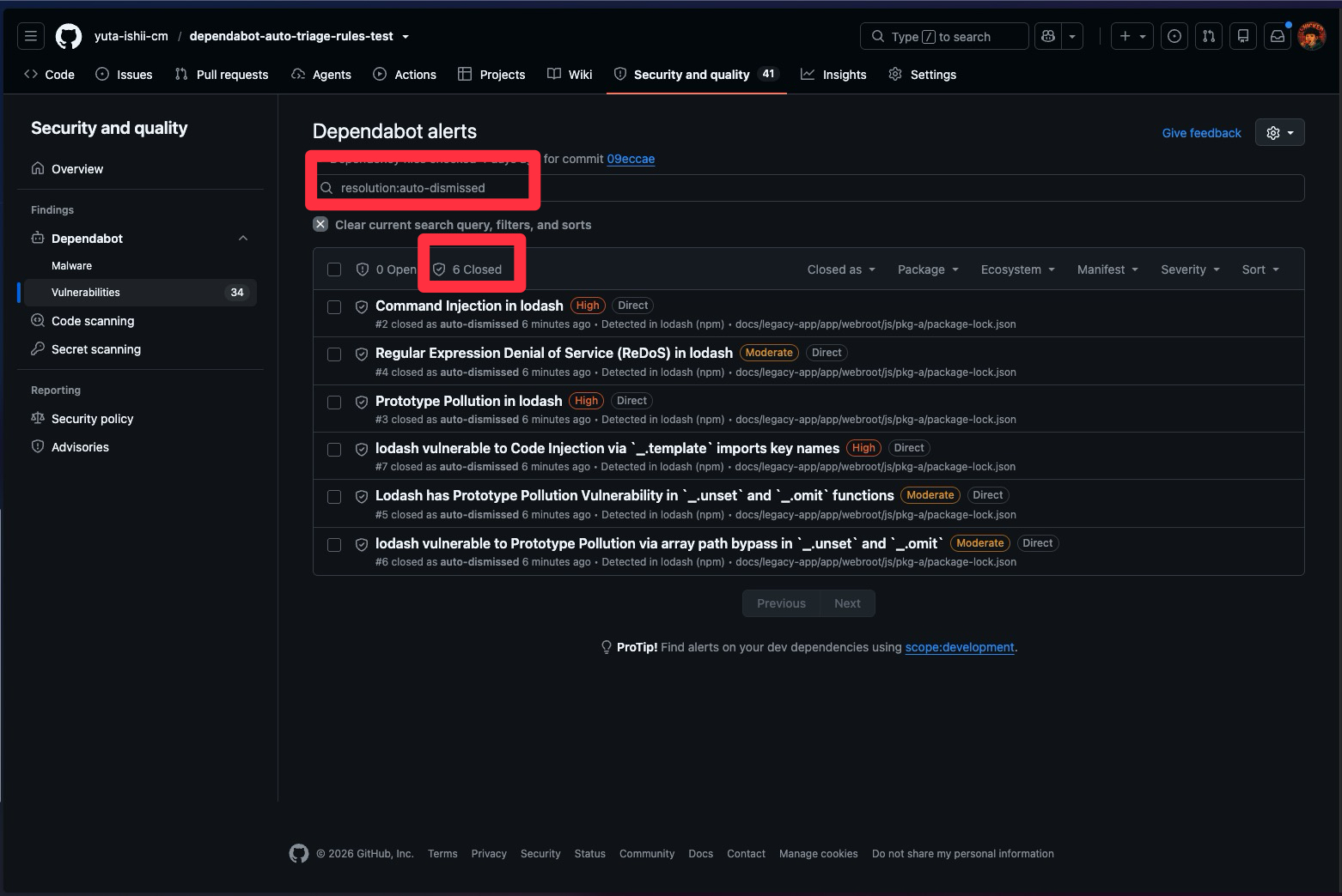 resolution:auto-dismissed で絞ると、ルールが閉じたアラートだけが並ぶ