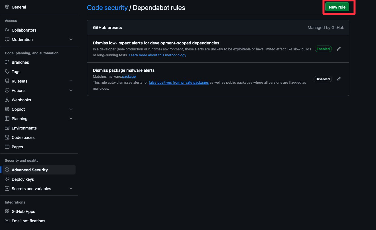 Dependabot rules 画面の右上にある New rule ボタン