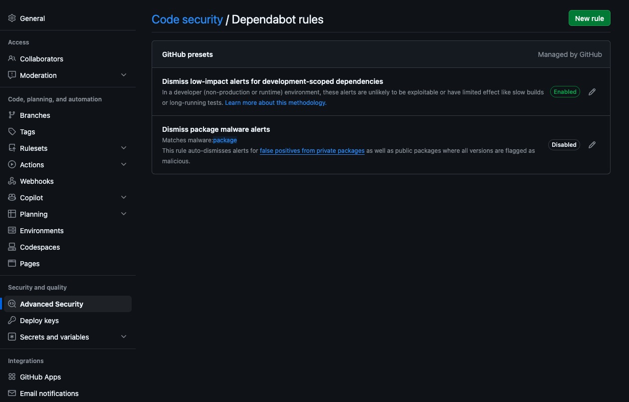 Dependabot rules の画面。GitHub presets が2本並んでいる