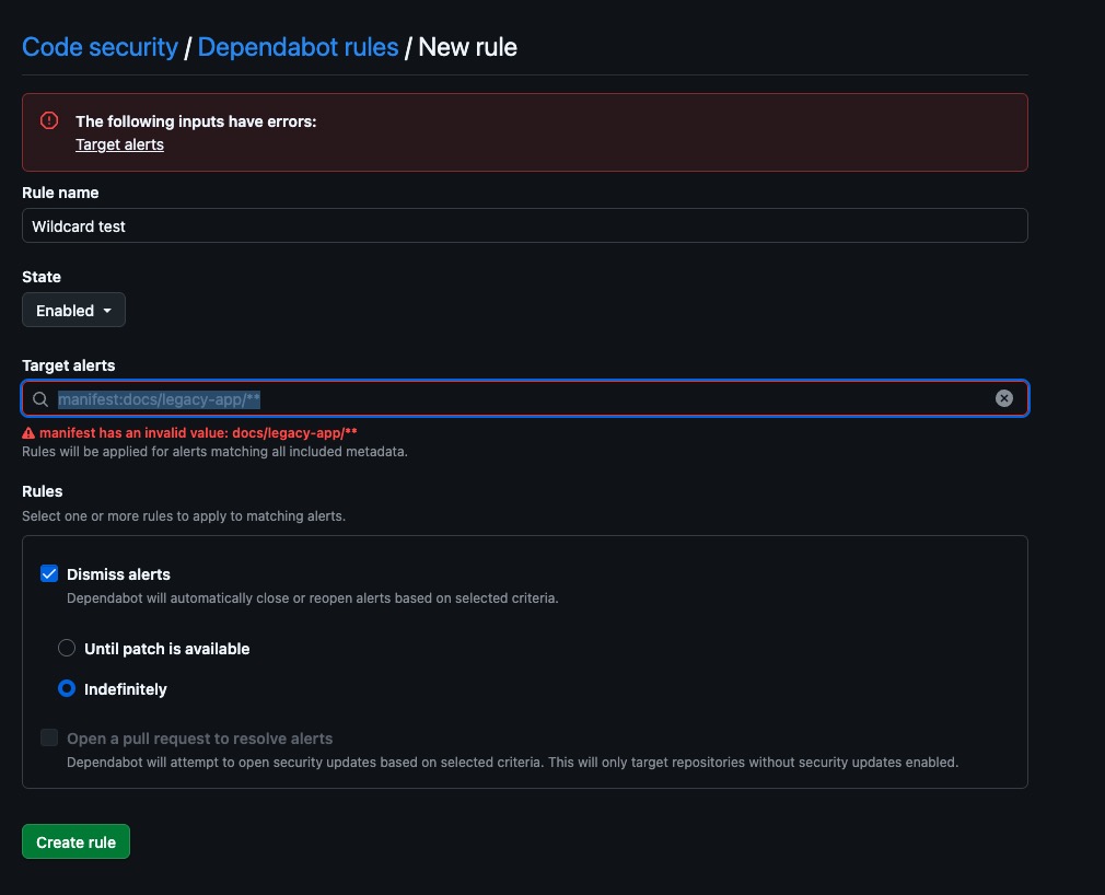 Target alerts にワイルドカードを入れると manifest has an invalid value と表示される