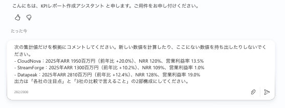 テストチャットに示唆の依頼を入力した画面